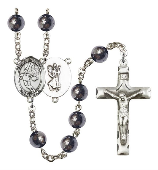 St. Christopher / Basketball Rosary, 8mm Hematite Beads, Silver Plate, # 11565