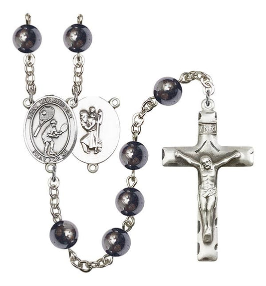 St. Christopher / Tennis Rosary, 8mm Hematite Beads, Silver Plate, # 11568
