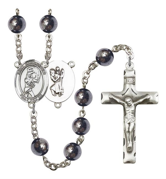St. Christopher / Softball Rosary, 8mm Hematite Beads, Silver Plate, # 11570