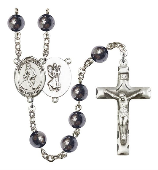St. Christopher / Wrestling Rosary, 8mm Hematite Beads, Silver Plate, # 11571