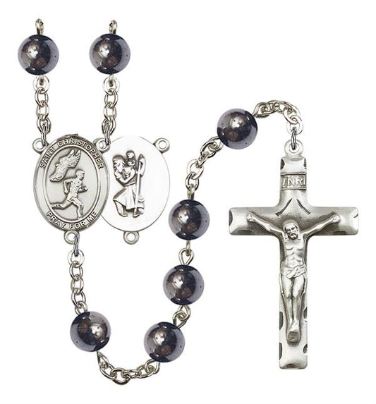 St. Christopher / Track&Field-Men Rosary, 8mm Hematite Beads, Silver Plate, # 11572