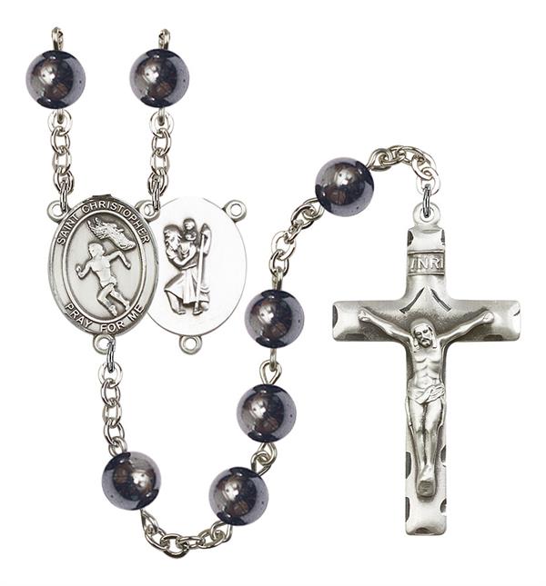 St. Christopher / Women's Track & Field Rosary, 8mm Hematite Beads, Silver Plate, # 11573