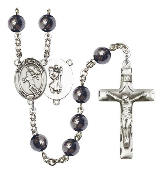 St. Christopher / Women's Track & Field Rosary, 8mm Hematite Beads, Silver Plate, # 11573