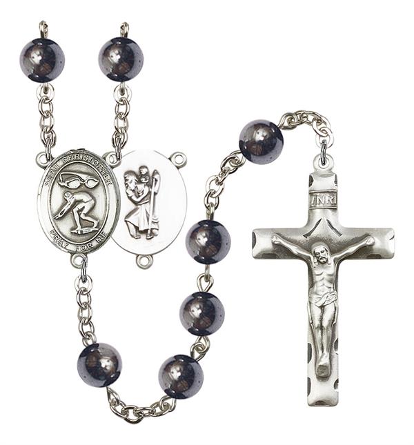 St. Christopher / Swimming Rosary, 8mm Hematite Beads, Silver Plate, # 11574