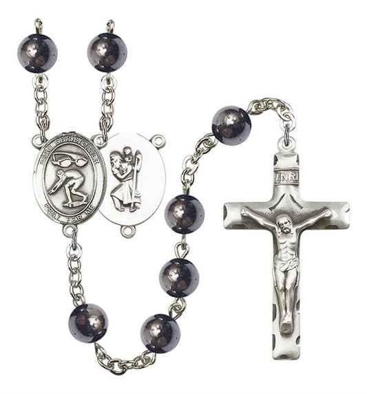 St. Christopher / Swimming Rosary, 8mm Hematite Beads, Silver Plate, # 11574