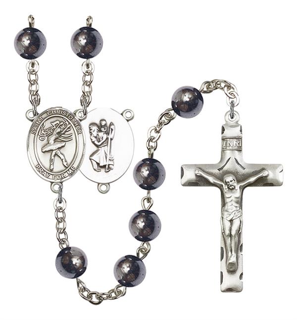 St. Christopher / Dance Rosary, 8mm Hematite Beads, Silver Plate, # 11575