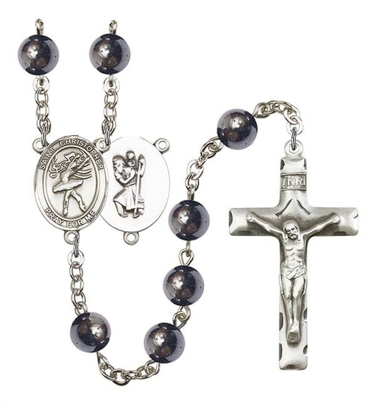 St. Christopher / Dance Rosary, 8mm Hematite Beads, Silver Plate, # 11575