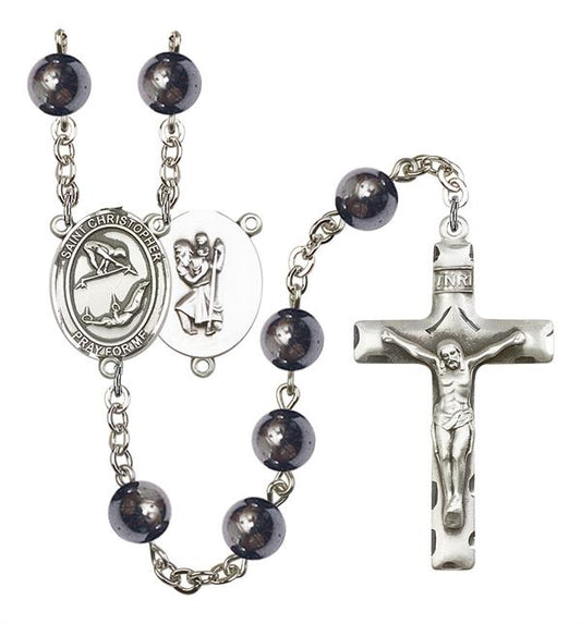 St. Christopher / Gymnastics Rosary, 8mm Hematite Beads, Silver Plate, # 11576