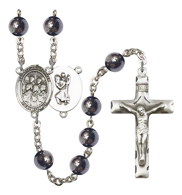 St. Christopher / Choir Rosary, 8mm Hematite Beads, Silver Plate, # 11577