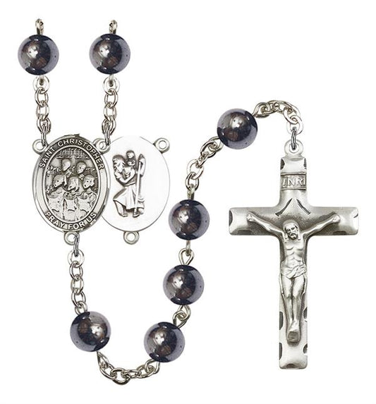 St. Christopher / Choir Rosary, 8mm Hematite Beads, Silver Plate, # 11577