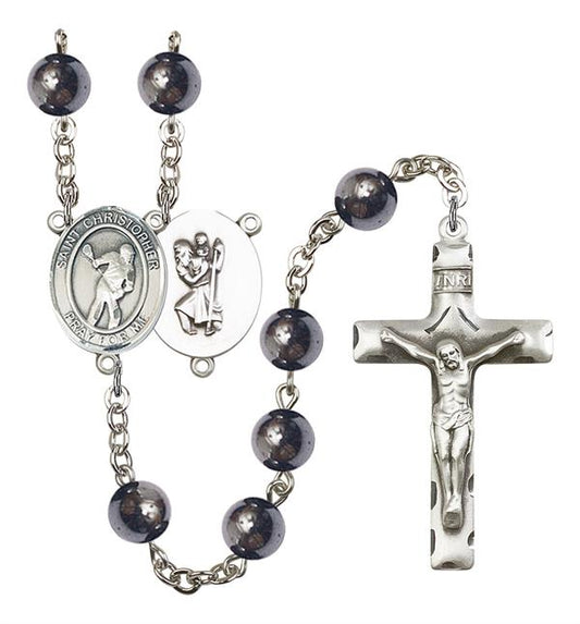 St. Christopher / Lacrosse Rosary, 8mm Hematite Beads, Silver Plate, # 11579