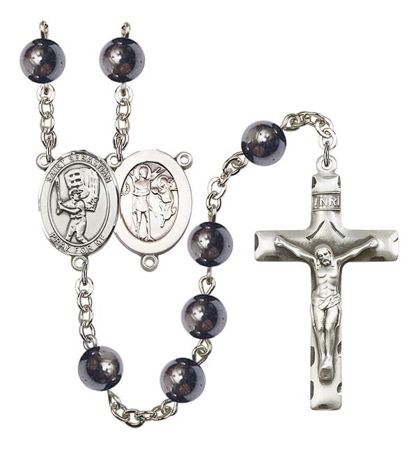 St. Sebastian / Baseball Rosary, 8mm Hematite Beads, Silver Plate, # 11580