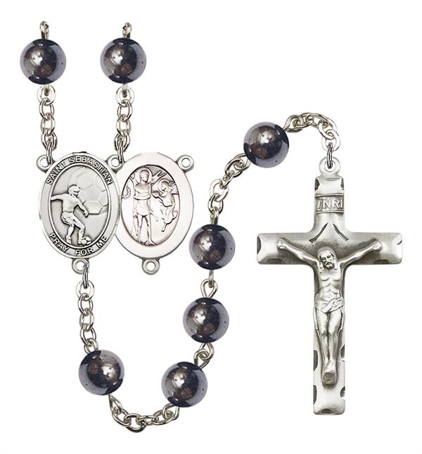 St. Sebastian / Soccer Rosary, 8mm Hematite Beads, Silver Plate, # 11583