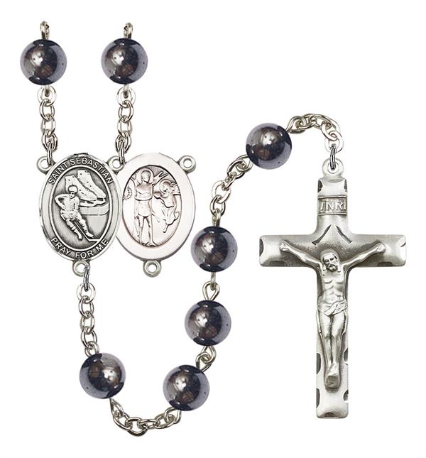 St. Sebastian / Hockey Rosary, 8mm Hematite Beads, Silver Plate, # 11584