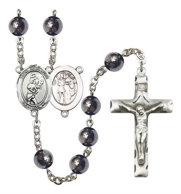 St. Sebastian / Softball Rosary, 8mm Hematite Beads, Silver Plate, # 11587