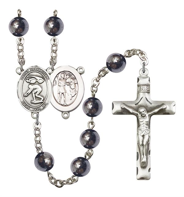 St. Sebastian / Swimming Rosary, 8mm Hematite Beads, Silver Plate, # 11591