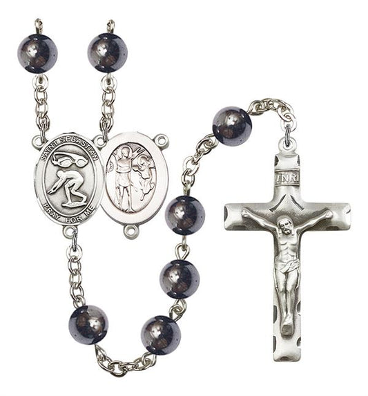 St. Sebastian / Swimming Rosary, 8mm Hematite Beads, Silver Plate, # 11591