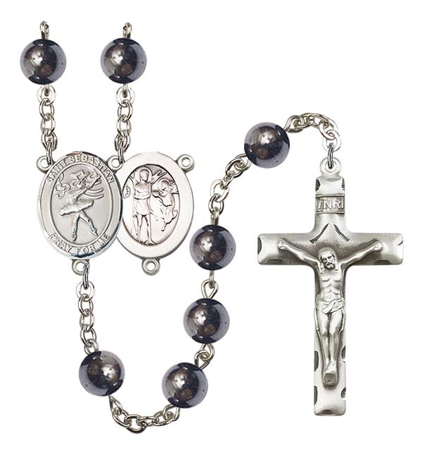 St. Sebastian / Dance Rosary, 8mm Hematite Beads, Silver Plate, # 11592