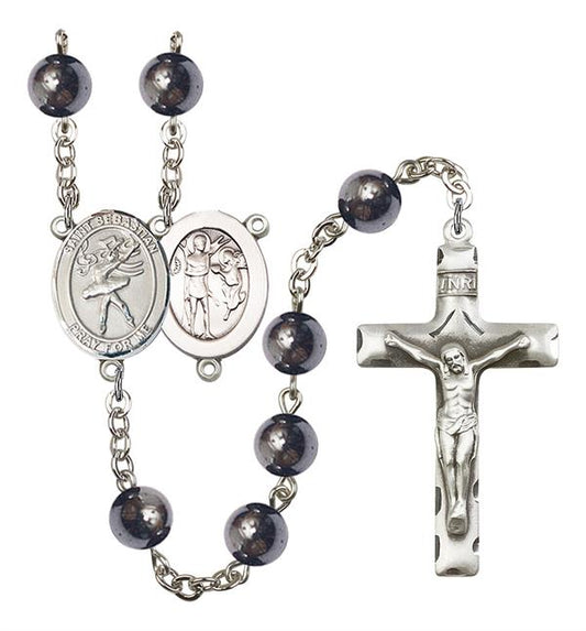 St. Sebastian / Dance Rosary, 8mm Hematite Beads, Silver Plate, # 11592