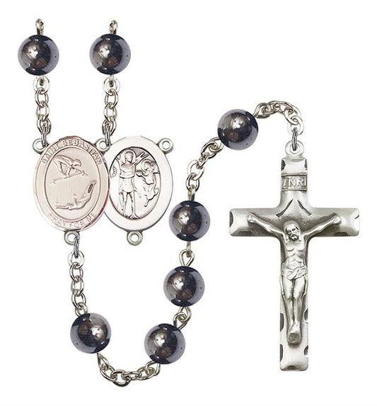 St. Sebastian / Gymnastics Rosary, 8mm Hematite Beads, Silver Plate, # 11593