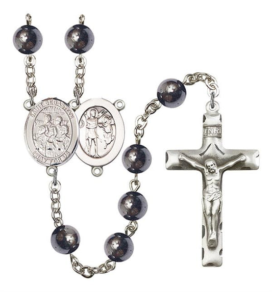 St. Sebastian / Choir Rosary, 8mm Hematite Beads, Silver Plate, # 11594