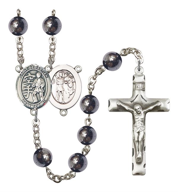 St. Sebastian / Karate Rosary, 8mm Hematite Beads, Silver Plate, # 11595