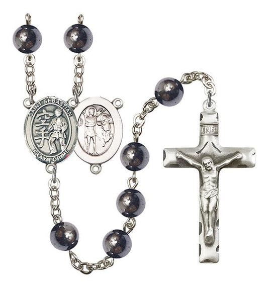 St. Sebastian / Karate Rosary, 8mm Hematite Beads, Silver Plate, # 11595
