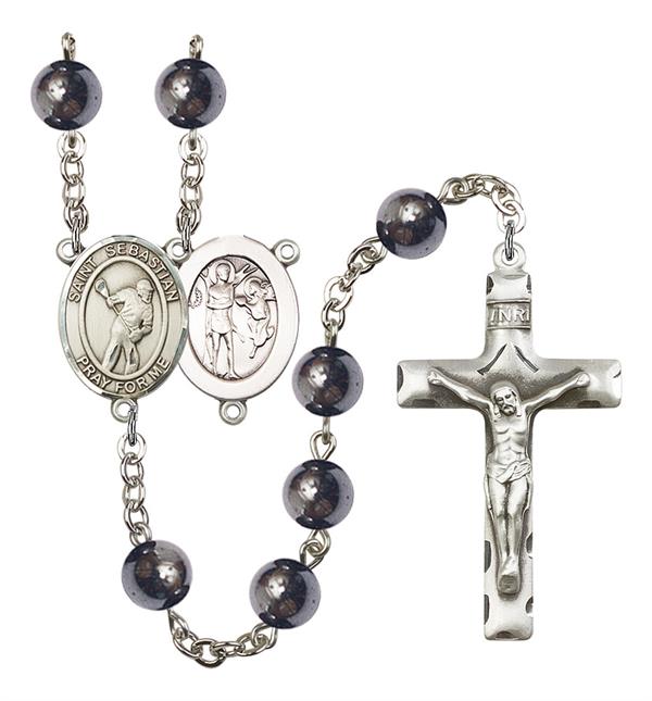St. Sebastian / Lacrosse Rosary, 8mm Hematite Beads, Silver Plate, # 11596