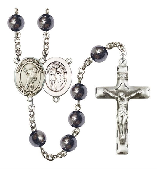 St. Sebastian / Lacrosse Rosary, 8mm Hematite Beads, Silver Plate, # 11596