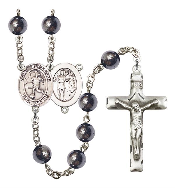 St. Sebastian / Women's Soccer Rosary, 8mm Hematite Beads, Silver Plate, # 11597