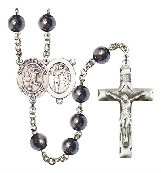 St. Sebastian / Women's Soccer Rosary, 8mm Hematite Beads, Silver Plate, # 11597