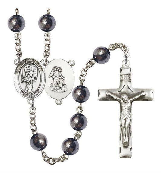 Guardian Angel / Baseball Rosary, 8mm Hematite Beads, Silver Plate, # 11598