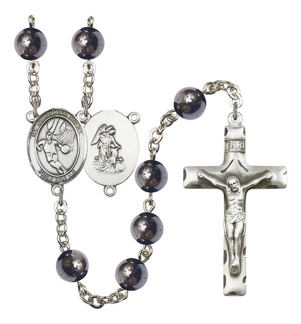 Guardian Angel / Basketball Rosary, 8mm Hematite Beads, Silver Plate, # 11600