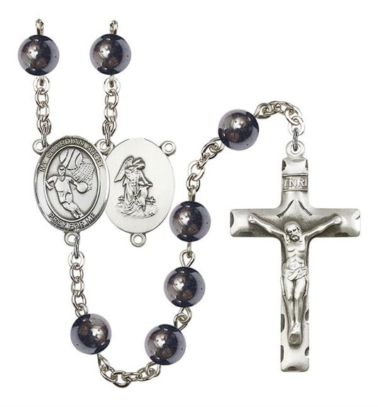 Guardian Angel / Basketball Rosary, 8mm Hematite Beads, Silver Plate, # 11600