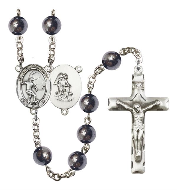 Guardian Angel / Soccer Rosary, 8mm Hematite Beads, Silver Plate, # 11601