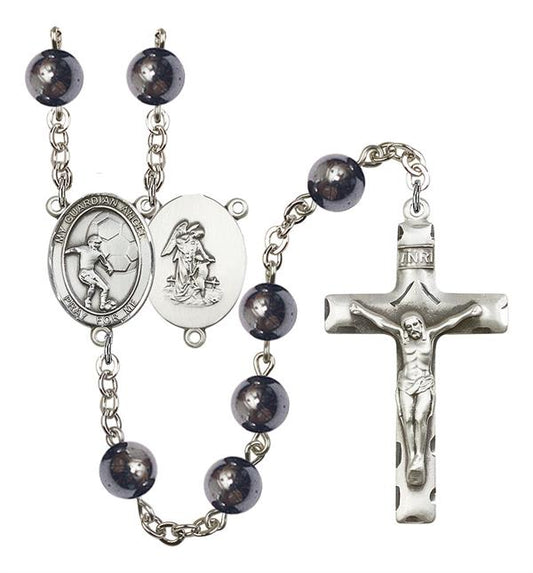 Guardian Angel / Soccer Rosary, 8mm Hematite Beads, Silver Plate, # 11601