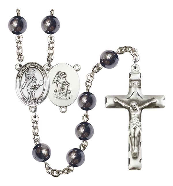 Guardian Angel / Tennis Rosary, 8mm Hematite Beads, Silver Plate, # 11603