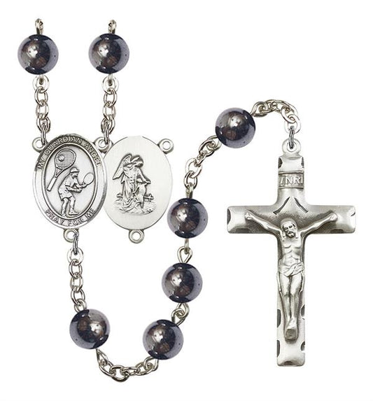 Guardian Angel / Tennis Rosary, 8mm Hematite Beads, Silver Plate, # 11603