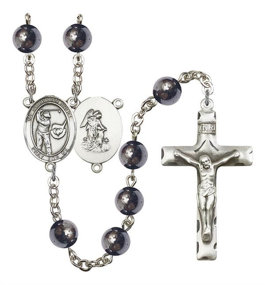 Guardian Angel / Golf Rosary, 8mm Hematite Beads, Silver Plate, # 11604