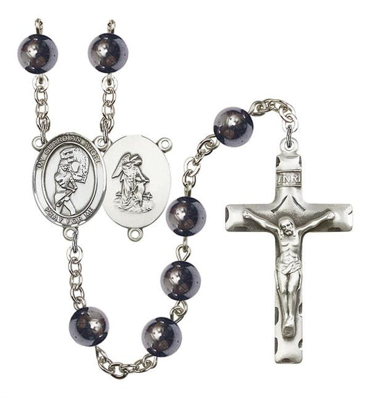 Guardian Angel / Softball Rosary, 8mm Hematite Beads, Silver Plate, # 11605