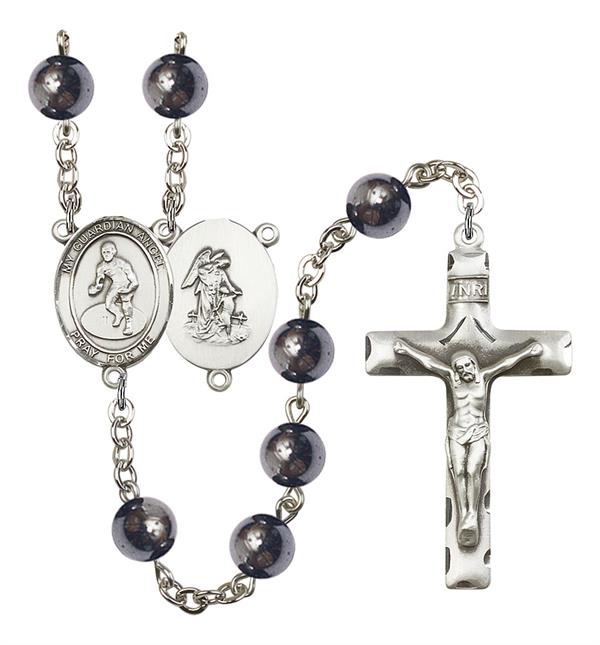 Guardian Angel / Wrestling Rosary, 8mm Hematite Beads, Silver Plate, # 11606
