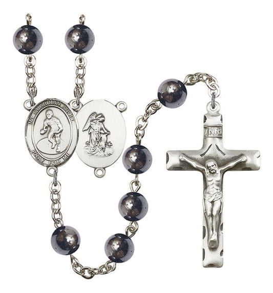 Guardian Angel / Wrestling Rosary, 8mm Hematite Beads, Silver Plate, # 11606
