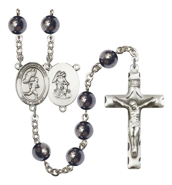 Guardian Angel / Men's Track & Field Rosary, 8mm Hematite Beads, Silver Plate, # 11607