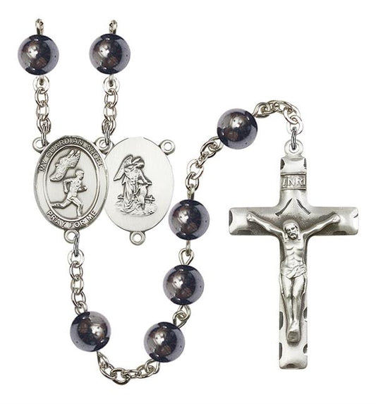 Guardian Angel / Men's Track & Field Rosary, 8mm Hematite Beads, Silver Plate, # 11607