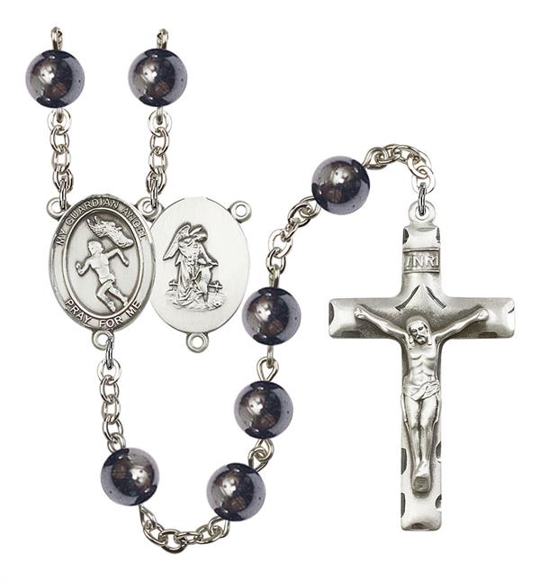 Guardian Angel / Women's Track & Field Rosary, 8mm Hematite Beads, Silver Plate, # 11608