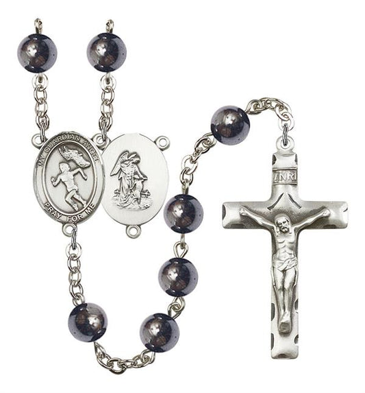 Guardian Angel / Women's Track & Field Rosary, 8mm Hematite Beads, Silver Plate, # 11608