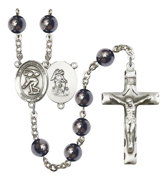 Guardian Angel / Swimming Rosary, 8mm Hematite Beads, Silver Plate, # 11609