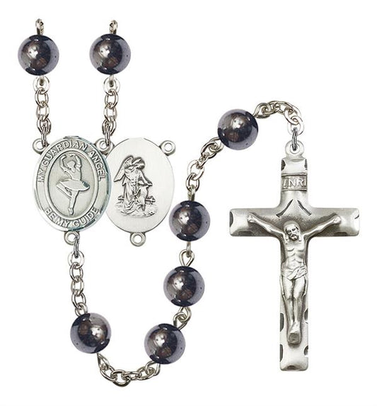 Guardian Angel / Dance Rosary, 8mm Hematite Beads, Silver Plate, # 11610