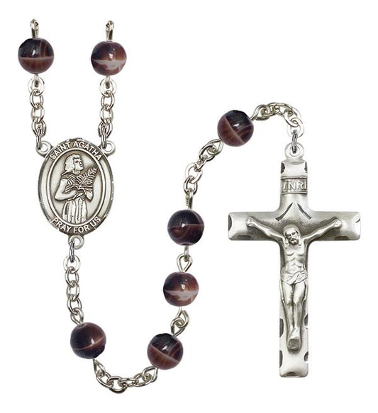 St. Agatha Rosary, 7mm Brown Glass Beads, Silver Plate, # 12003