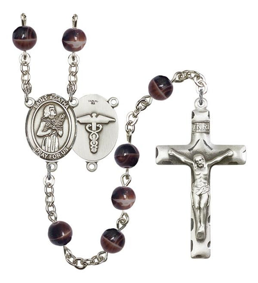 St. Agatha Nurse Rosary, 7mm Brown Glass Beads, Silver Plate, # 12006